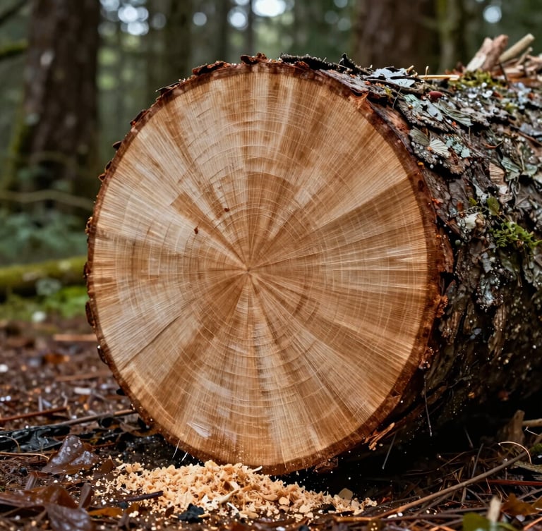Close-up of a perfectly clean cut on a massive tree trunk, sawdust cleared, pristine forest floor in Chiloé, damp overcast daylight.