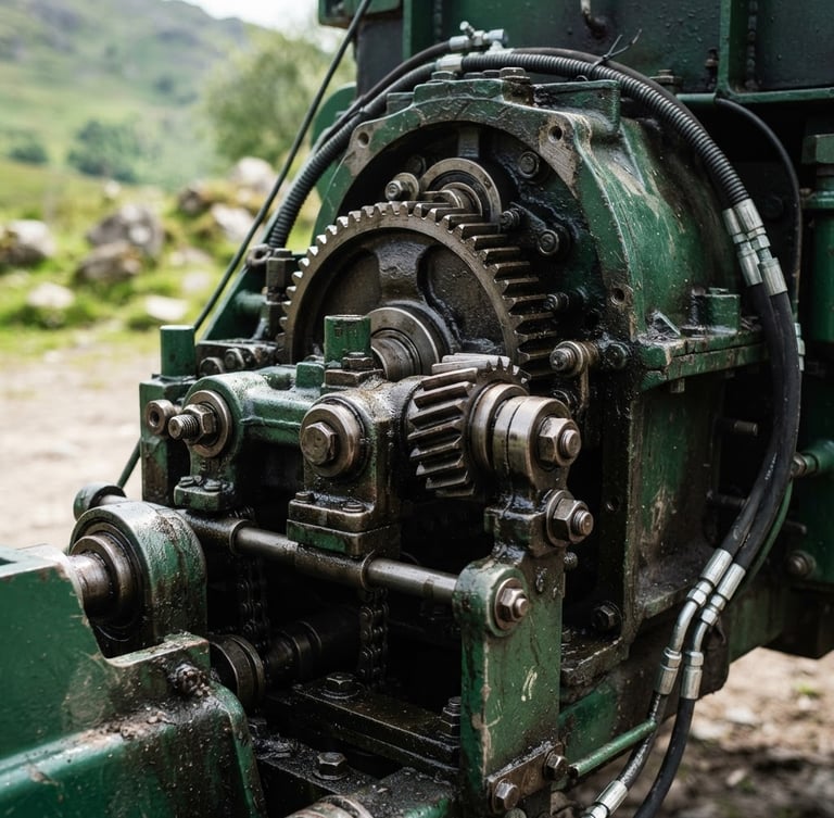 Close-up of a rugged agricultural motor with metallic gears, sharp commercial photography, bright highland daylight, clean white and deep green tones, high-contrast, 50mm lens