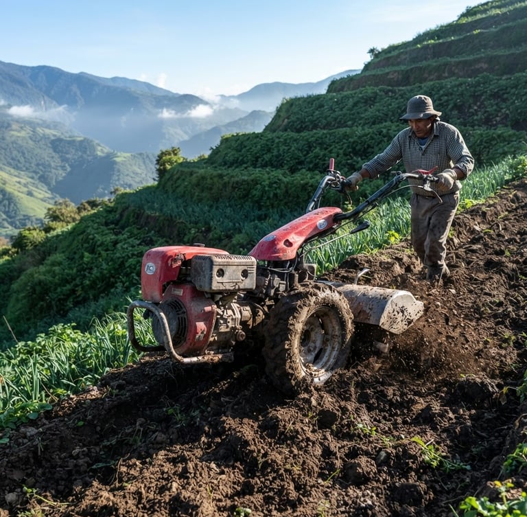 Primer plano técnico de un motocultor robusto labrando terrazas agrícolas empinadas en Mérida, luz fría de amanecer andino, alta nitidez.