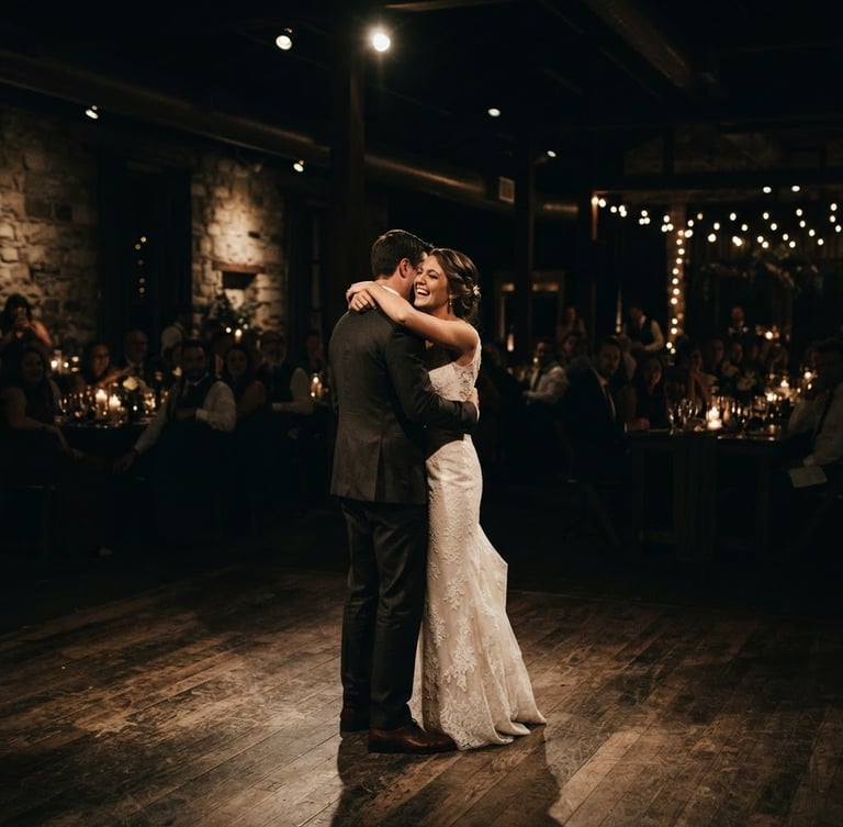 Wide cinematic shot of a couple dancing under dramatic, low-key lighting at a wedding reception, deep shadows, muted bronze tones, high contrast, 35mm anamorphic lens, candid moment.