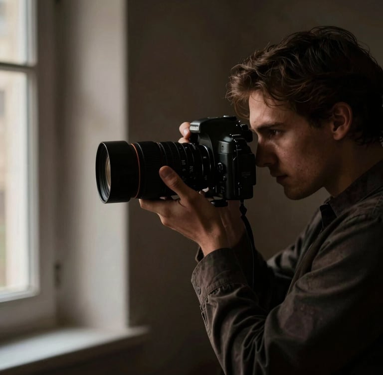 Candid shot of a wedding photographer capturing a moment with a shallow depth of field, directional window light, deep shadows, high contrast, 35mm anamorphic lens, editorial style.
