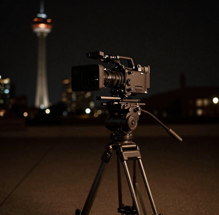 Wide cinematic shot of a professional camera on a tripod on location, low-key dramatic lighting, deep shadows, muted bronze tones, high contrast, 35mm anamorphic lens, Calgary Tower visible subtly in the background