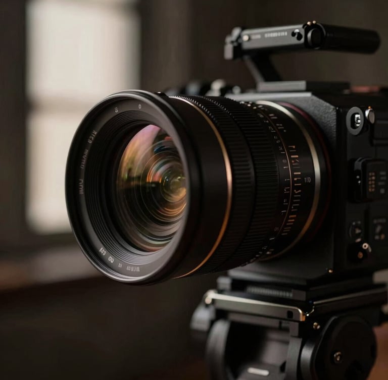 Tight shallow depth-of-field detail of a cinema camera lens on a tripod, dark charcoal background, directional window light, muted bronze tones, high contrast.