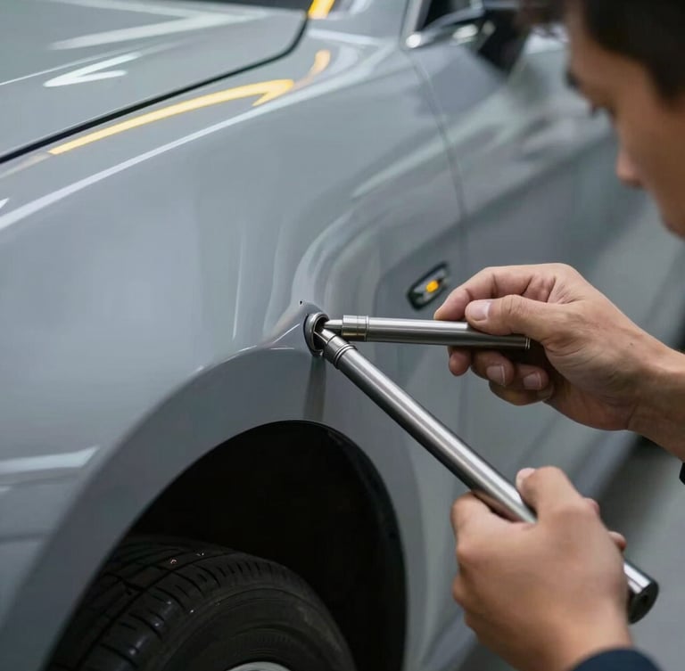 A technician using specialized high-grade steel rods to massage a dent from behind a car panel, sharp yellow LED line reflections on the paint, ultra-detailed close-up