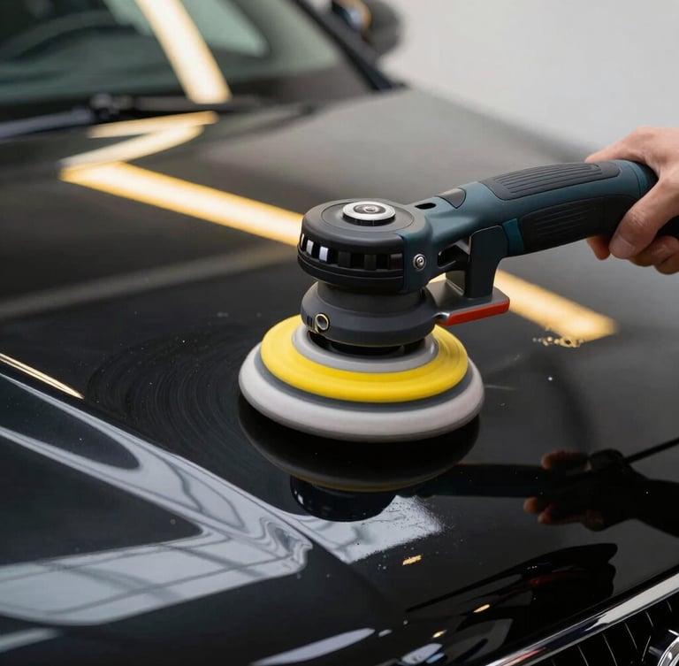 Close-up of a dual-action polisher on black car paint, high-contrast yellow LED line-board reflections showing no swirl marks, perfect mirror finish
