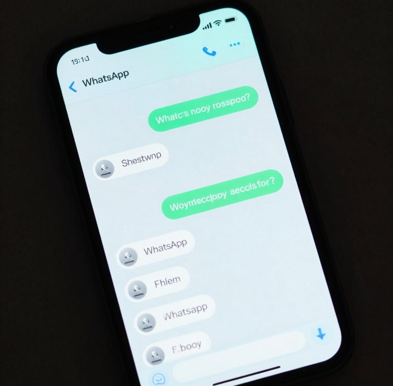 High-contrast close-up of a mobile phone screen displaying a clean WhatsApp conversation flow with structured quick-reply buttons, cool cyan backlighting, dark charcoal background