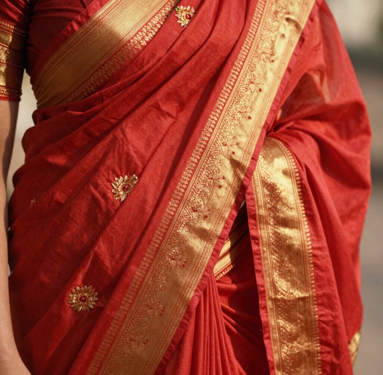 Close-up of rich red and gold silk saree embroidery, warm daylight catching the intricate metallic threads, shallow depth of field, warm editorial style