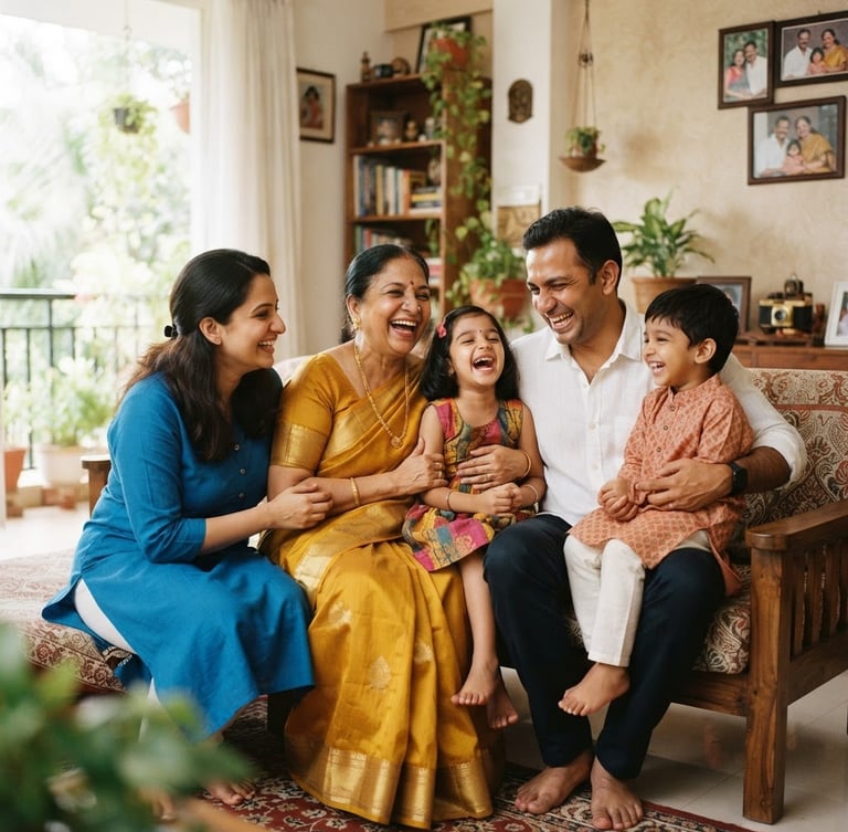 Warm environmental portrait of an Indian family laughing together in a brightly lit room, grandmother in a rich yellow silk saree, father in a crisp linen shirt, children in colorful cotton outfits, soft natural daylight, shallow depth of field, 35mm film style.