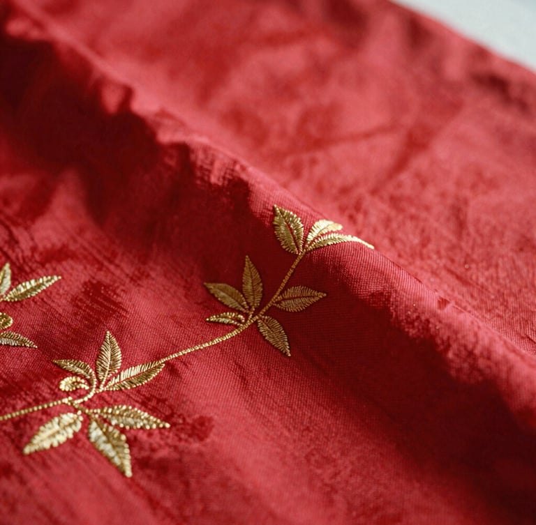 Close-up detail of rich hand-woven textile textures, showcasing intricate gold embroidery on deep red silk fabric, warm soft lighting, shallow depth of field, 35mm film style.