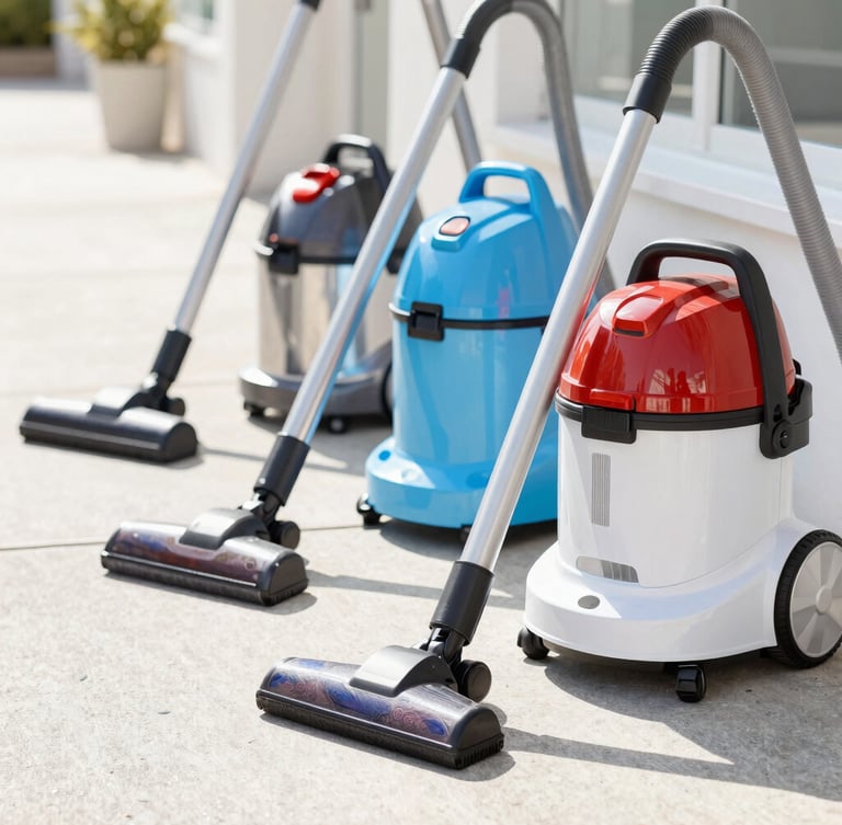 Bright editorial photography of professional commercial vacuum cleaners lined up on a sunny sidewalk, crisp daylight, sharp focus, 35mm lens.