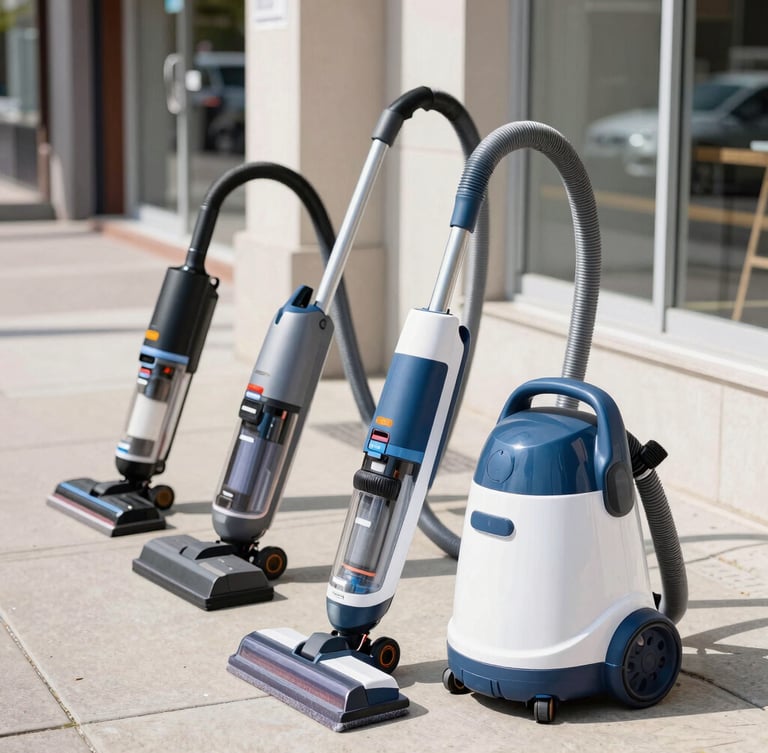 Professional-grade commercial vacuums and cleaning equipment lined up on a sunny urban sidewalk, bright natural daylight, crisp details, authentic local business setup