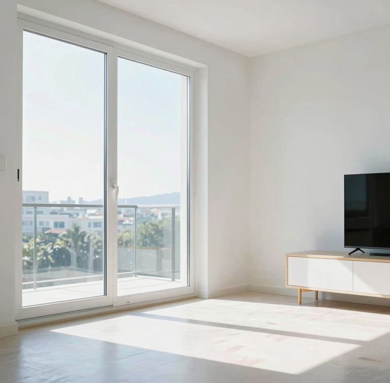 Bright editorial photography of a clean, sun-drenched modern living room with sparkling glass windows and polished floors, natural daylight, 35mm lens