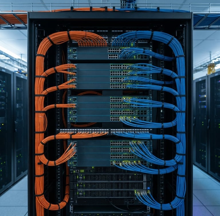 Straight-on architectural shot of a perfectly dressed server rack, symmetrical blue and orange Category 6A cabling running into clean patch panels, cool technical LED status lights, sharp focus, 35mm lens