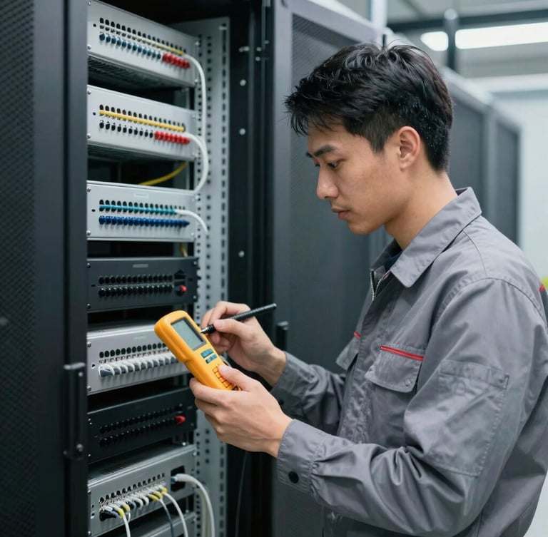 Crisp portrait of a professional telecommunications technician in a clean gray uniform calibrating a fluke tester in a modern server room, cool technical lighting.