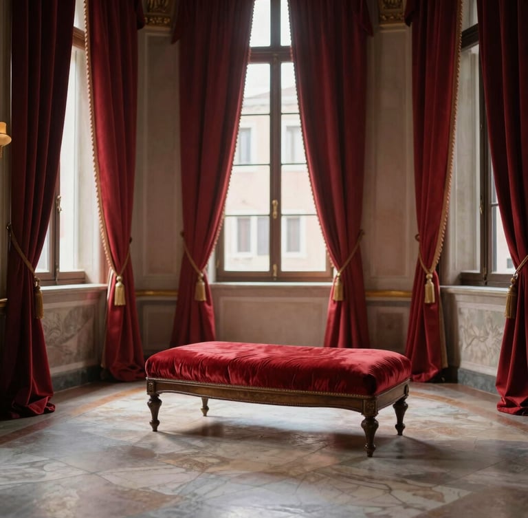 Interno di un elegante salone veneziano con pavimenti in terrazzo, pesanti drappi di damasco rosso alle finestre gotiche, luce dorata del pomeriggio che filtra illuminando una poltrona classica.