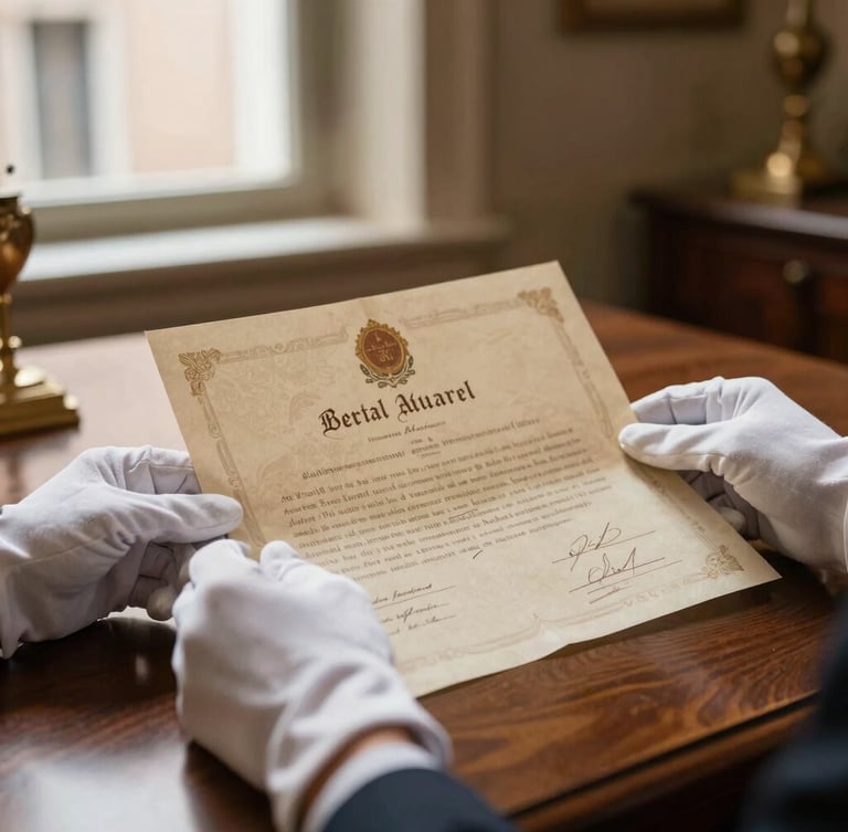 Close-up of hands wearing white cotton gloves holding an antique legal certificate of authenticity with official stamps, warm low-key desk lighting