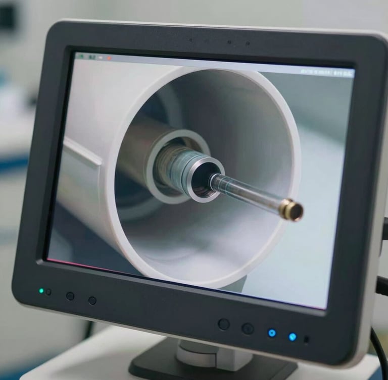 Close-up of a high-tech diagnostic screen showing the clear interior of a PVC pipe, sharp technical details, daylight lighting.