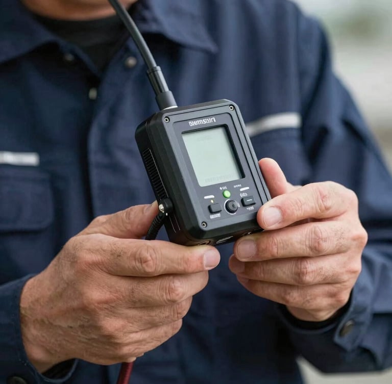 Close-up of a professional technician in a clean navy uniform holding a digital geophone device, high-contrast daylight, technical precision.