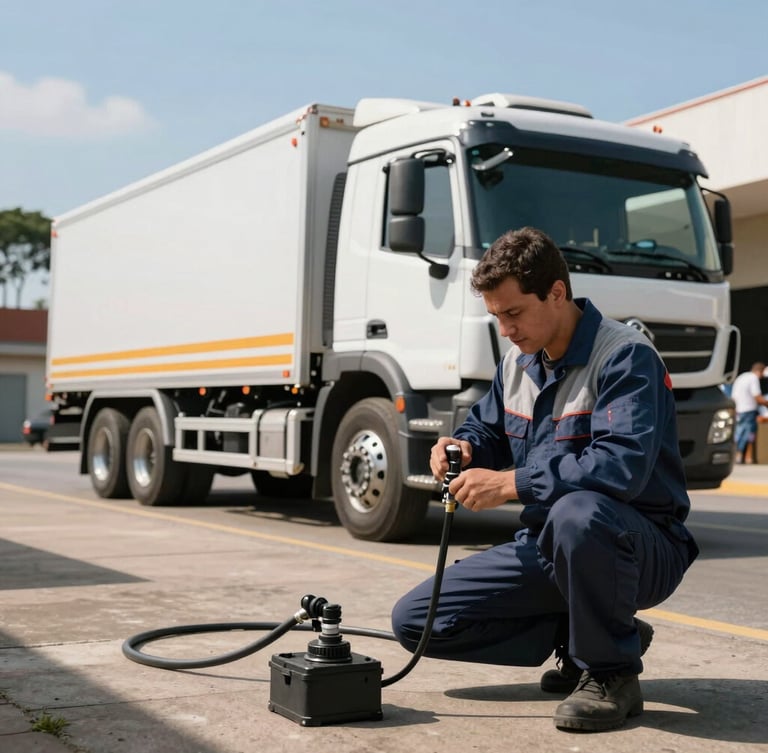 Caminhão de hidrojateamento de alta pressão estacionado em rua industrial de Jundiaí, dia claro, técnico uniformizado ajustando mangueira técnica, enquadramento lateral dinâmico.