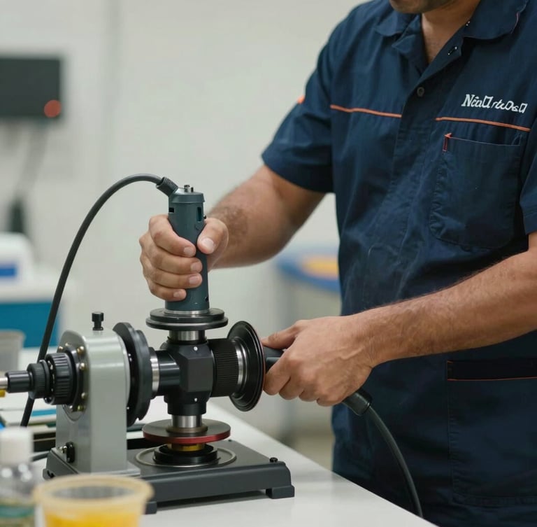 Close-up de um técnico profissional com uniforme azul escuro operando uma máquina desentupidora rotativa em uma área de serviço limpa, iluminação natural clara.