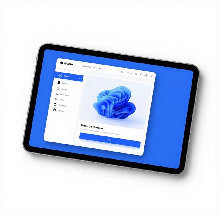 Overhead flatlay of a clean digital workspace with a tablet displaying modern software UI mockups, bright high-key studio light, electric blue accents, sharp focus