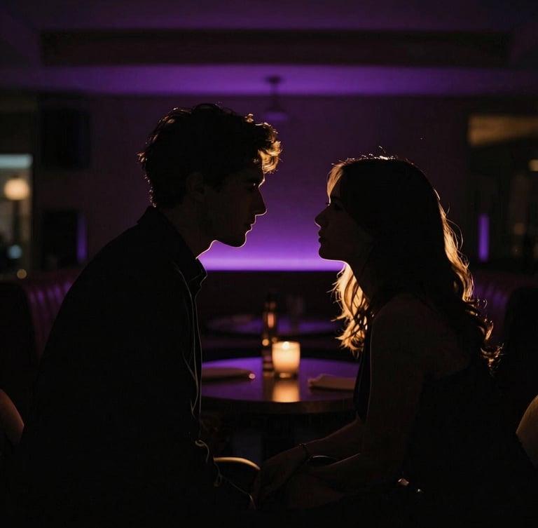 Artistic silhouette of a couple in a low-lit premium lounge, golden light outlining their shapes, purple shadows, anonymous framing, moody low-key photography, 35mm