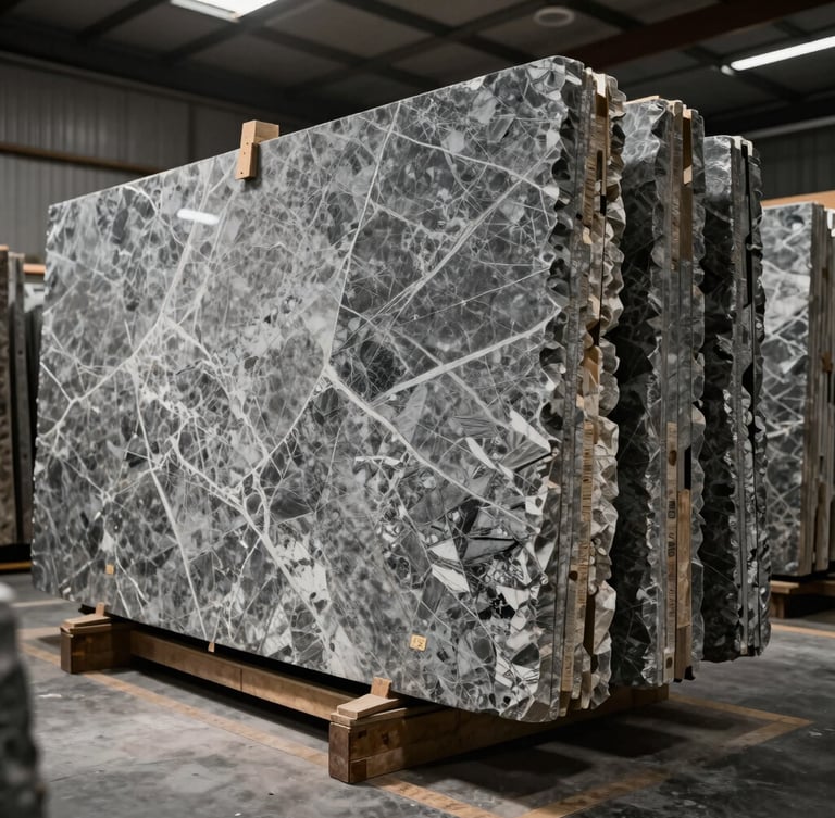 Wide-angle architectural shot of massive stacked granite and marble slabs in a well-lit showroom warehouse, high-contrast directional lighting highlighting natural stone veining, slate and charcoal tones.