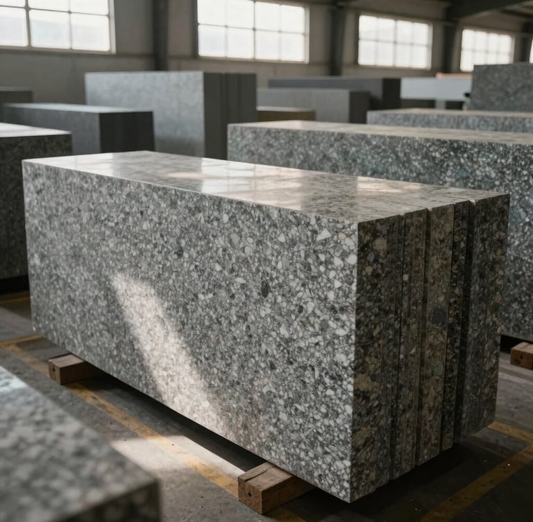 A wide-angle architectural photograph of beautifully stacked, large granite slabs in an organized showroom, natural light streaming from high windows, highlighting the deep textures.