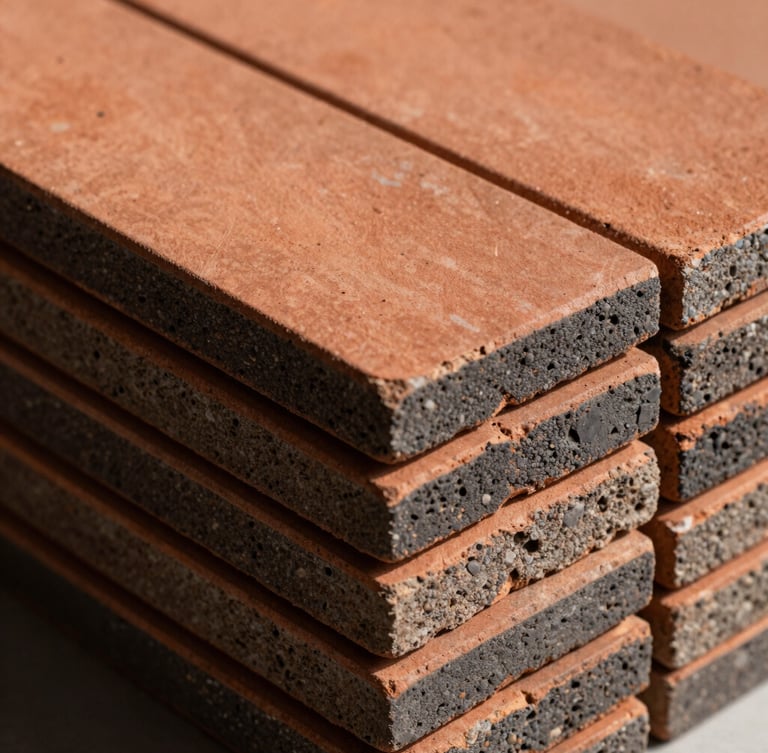 A close-up, high-contrast shot of stacked matte vitrified tiles showing raw terracotta and charcoal edge profiles under sharp directional light.