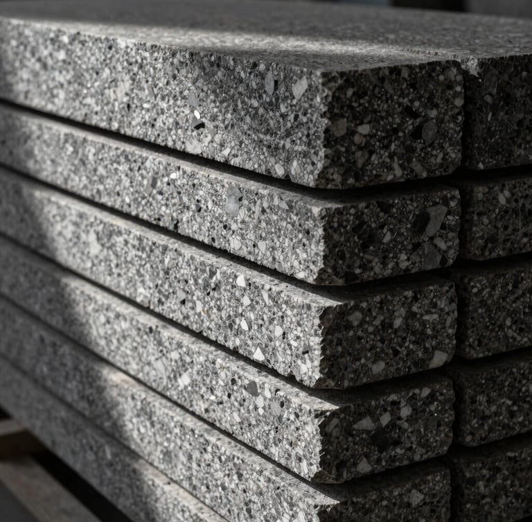 High-contrast directional light on stacked premium granite slabs in an architectural warehouse, emphasizing the deep raw textures and matte finishes of the stone edges.