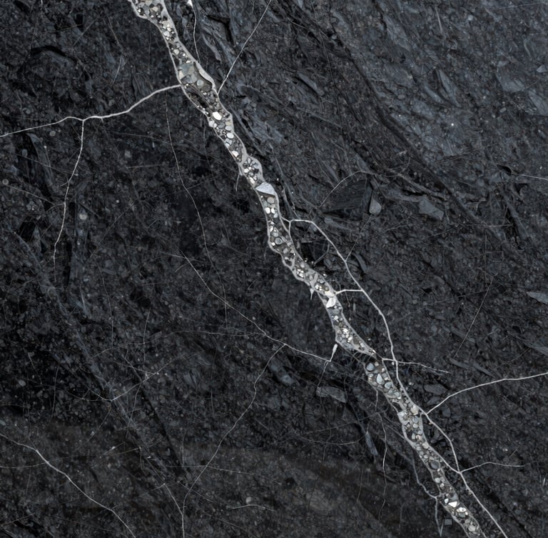 A massive slab of dark charcoal granite with intricate white quartz veining, shot from a straight-on angle, high-contrast lighting emphasizing the polished surface and natural mineral depth.