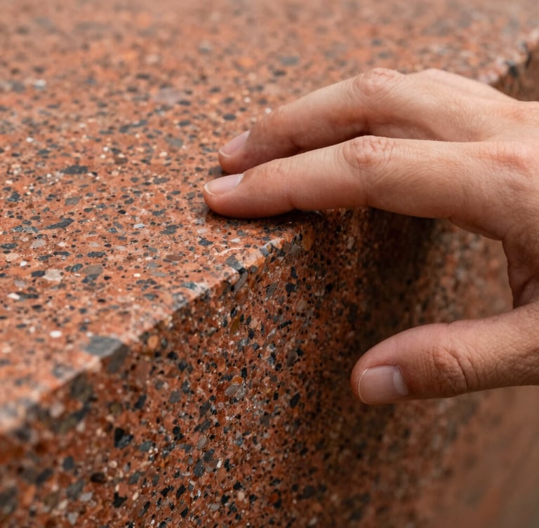 Macro close-up of a hand tracing the textured, raw edge of a deep terracotta granite slab, showing the mineral flecks and matte finish.