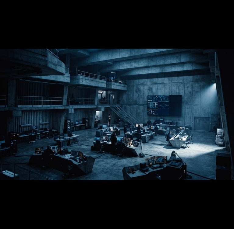 Wide panoramic brutalist concrete command center, low-key blue-tinted lighting, sharp architectural focus, single-source light from the right, dark desaturated tones, 35mm