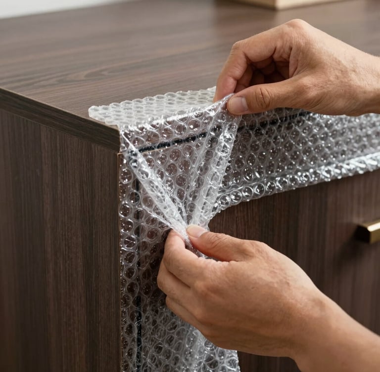 Close-up of professional hands applying heavy-duty bubble wrap to the corners of a dark wood cabinet, sharp focus, natural daylight