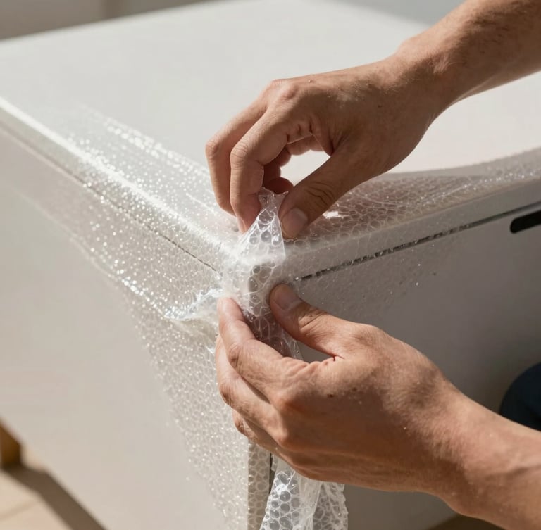 Close-up of hands applying heavy-duty bubble wrap to furniture corners, natural bright UAE daylight, sharp focus on the physical action of securing items.