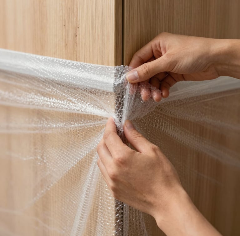 A close-up of hands applying heavy-duty bubble wrap to the corners of a wooden cabinet, bright natural UAE daylight, sharp focus on the physical action.