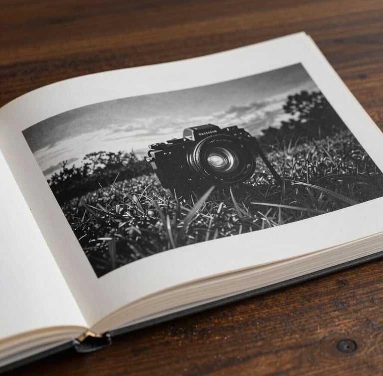 Cinematic wide shot of a physical photography book open on a dark wooden table, soft side tungsten light revealing the textured cotton paper and deep black ink