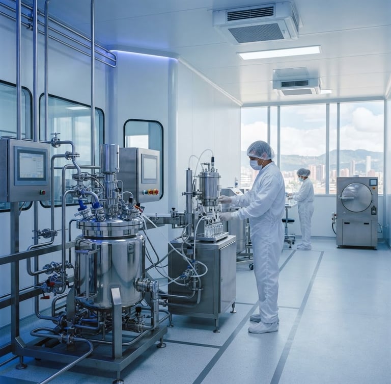 Crisp corporate photography of a modern pharmaceutical cleanroom in Bogotá, glowing blue and slate tones, sharp focus on stainless steel equipment, natural daylight, 35mm.