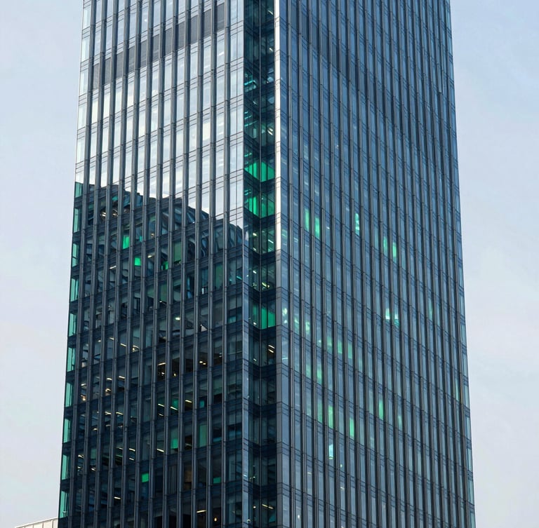 Sleek high-tech photography, wide clean architectural shot of a modern financial hub with glass facades, cool daylight with electric green reflections, deep blue shadows