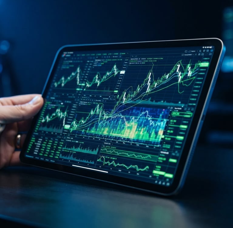 Sleek high-tech photography, close-up of a tablet displaying complex financial charts and green data streams, cool studio lighting, deep blue shadows, sharp focus