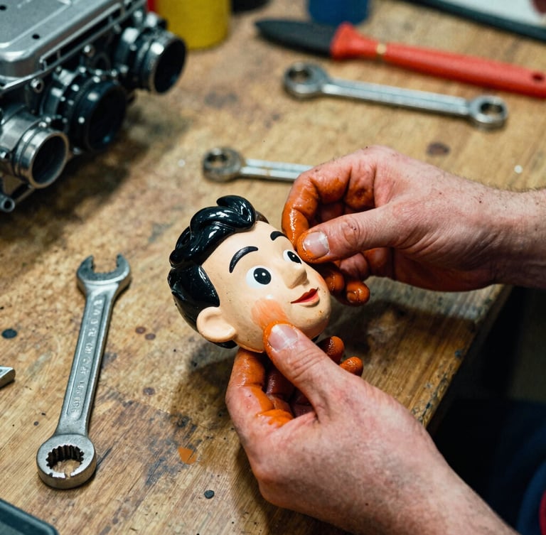 Close-up of hands covered in grease and orange paint, holding a miniature puppet head next to a Porsche engine wrench on a wooden workbench, high-contrast workshop lighting.