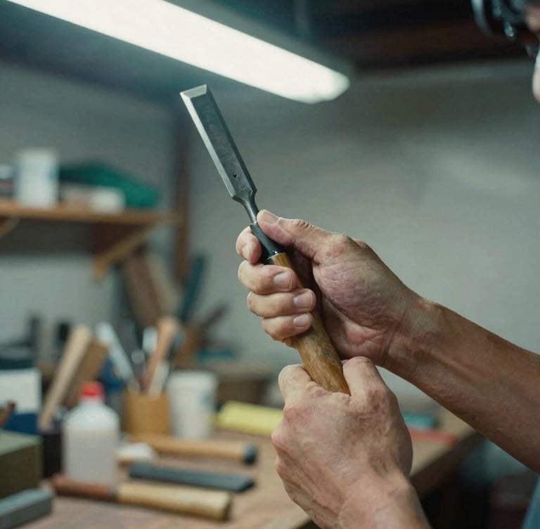 Close-up of weathered hands holding a hand-forged Japanese timber chisel inside a cluttered Tokyo workshop, soft fluorescent light, 35mm film style.