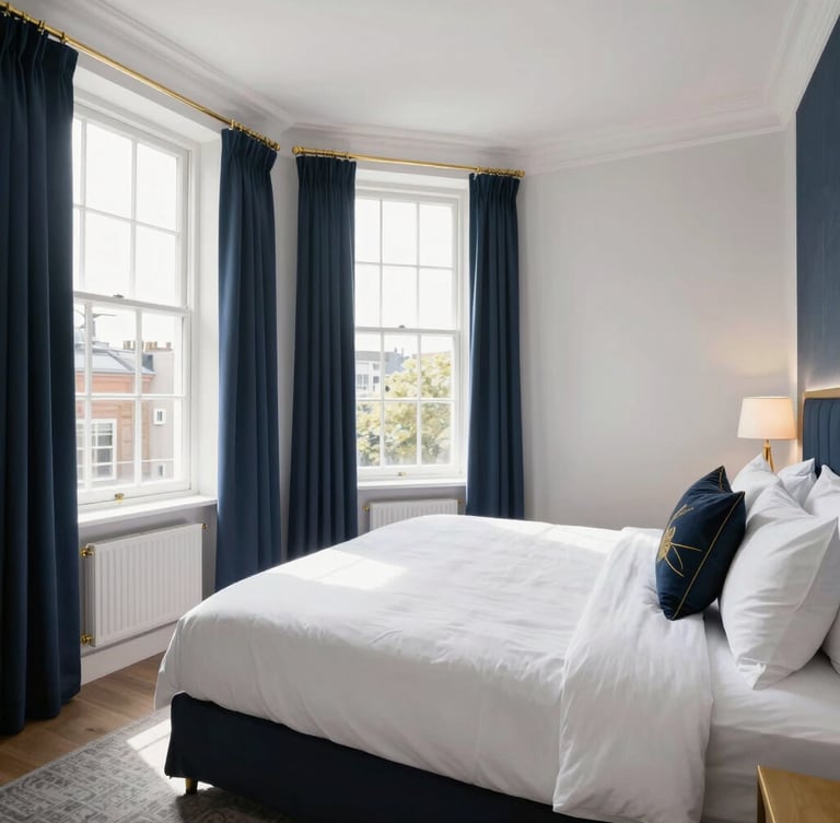 A pristine and bright London Airbnb bedroom with freshly made white linen, natural sunlight streaming through a window, deep navy and gold decorative accents, wide environmental shot