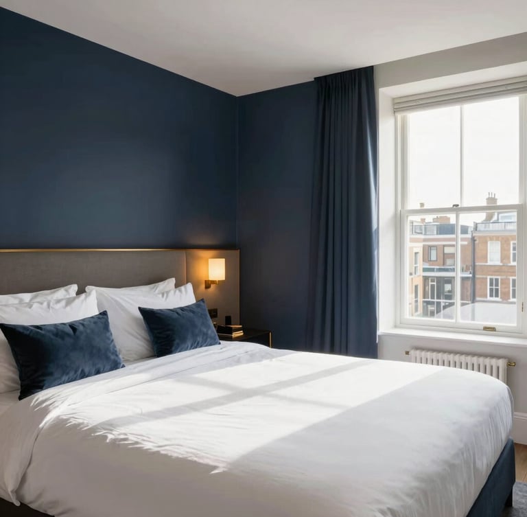 Bright wide-angle interior photography of a pristine London Airbnb bedroom, crisp white linens on a perfectly made bed, warm sunlight streaming through a window, deep navy accents