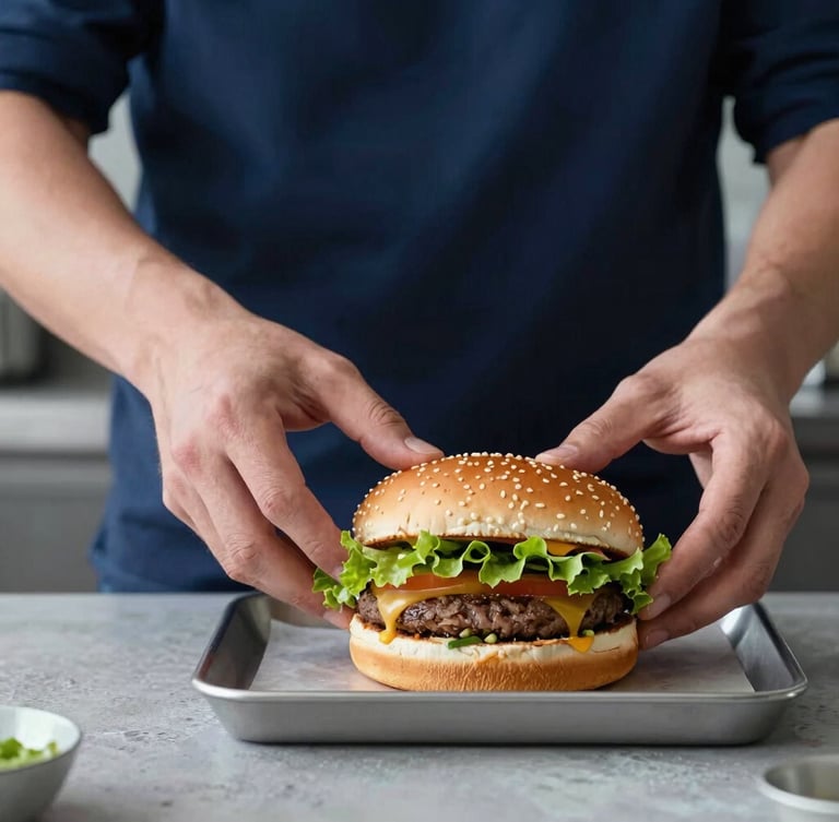 Portrait close-up of hands assembling a gourmet burger, placing fresh lettuce with tweezers, clean professional kitchen background, cool morning daylight, 3:4 aspect ratio.