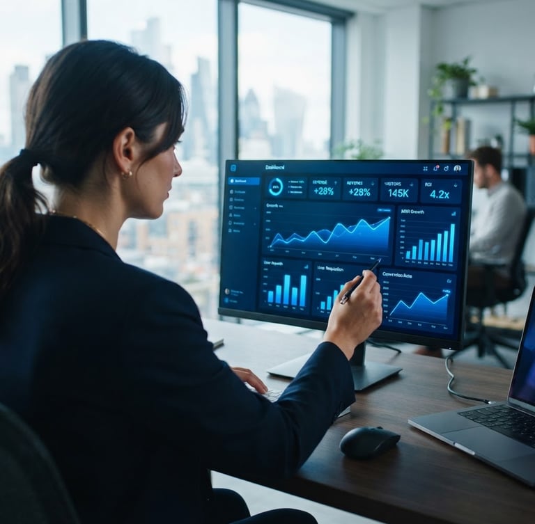 A crisp over-the-shoulder shot of a founder analyzing a high-contrast marketing dashboard with electric blue growth metrics, cool window light, sharp focus, 35mm lens