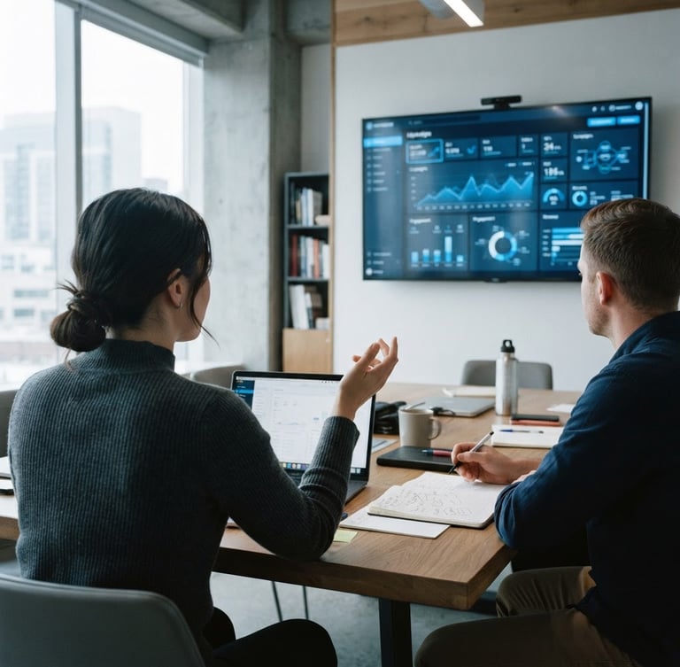 Over-the-shoulder view of a collaborative marketing strategy session, crisp dashboard UI on a monitor in the background, cool window light, desaturated tones with sharp blue accents, 35mm lens