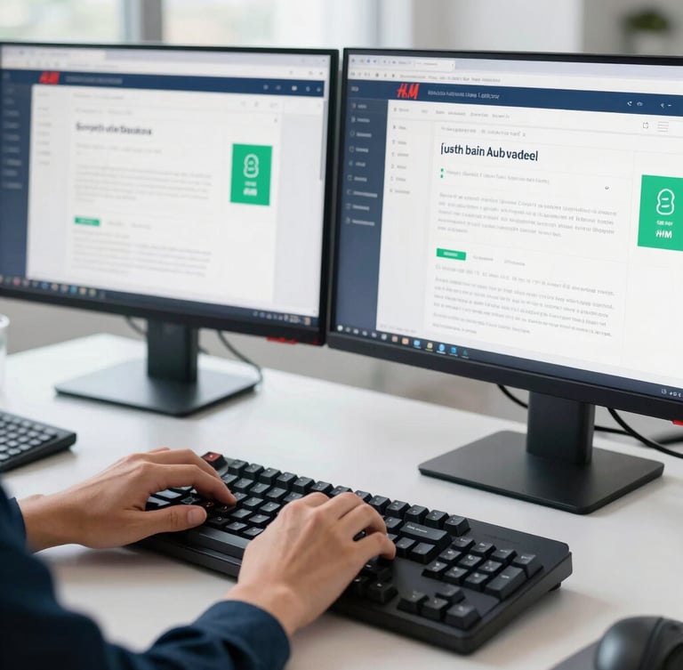 Close-up of a merchandiser's hands typing on a mechanical keyboard, a clean software interface on dual monitors showing an H&M buyer portal, bright office daylight, deep navy and emerald accents.