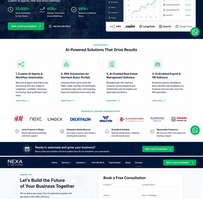 Nexa AI Solutions website showing AI automation services for real estate and HR software in Dhaka, Bangladesh.