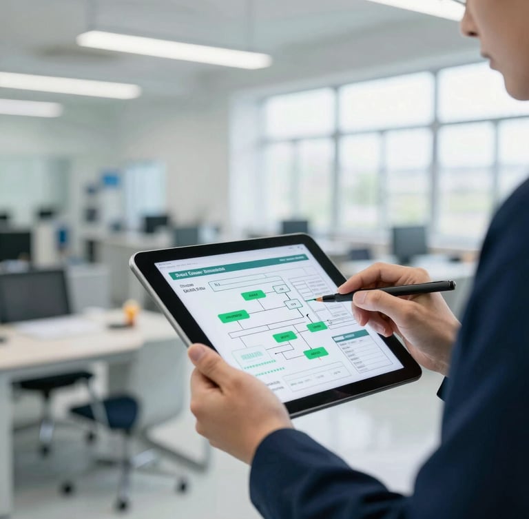 Professional industrial engineer mapping factory workflow on a tablet, with data diagrams overlaid, bright office daylight, clean corporate photography, deep navy and emerald accents, sharp focus, 35mm